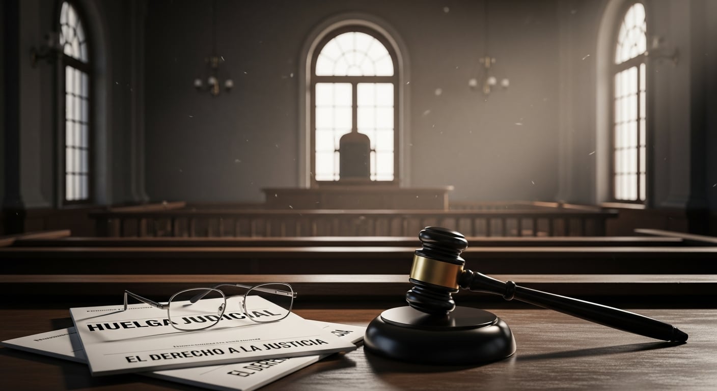 La imagen muestra un mazo de juez, gafas y documentos sobre la 'Huelga Judicial' y 'El Derecho a la Justicia' en una sala de tribunal vacía, simbolizando la paralización de la justicia por el paro de los jueces dominicanos. (Imagen Ilustrativa Infobae)