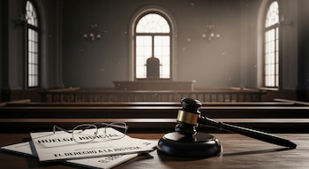 Un mazo de juez, unas gafas y documentos con "Huelga Judicial" sobre una mesa de madera en primer plano dentro de una sala de tribunal. Ventanas grandes al fondo.