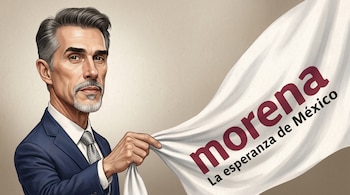 Caricatura editorial de Sergio Mayer con barba y cabello canoso, vestido de traje, sujetando una bandera blanca de Morena con su logo y lema.