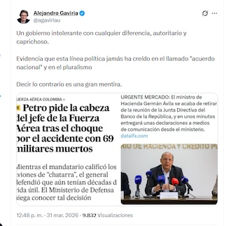 El exministro Alejandro Gaviria calificó de autoritario el Gobierno Petro por decisiones del presidente Petro y del ministro de Hacienda - crédito @agaviriau/X