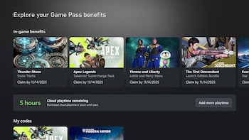 Interfaz en pantalla con tarjetas de recompensas para videojuegos, un panel con tiempo restante de juego en la nube y una sección de códigos