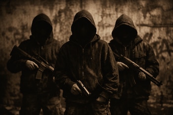 Fotografía en tono sepia de tres personas encapuchadas con rostros ocultos, dos sostienen fusiles y uno una pistola, de pie frente a una pared con graffiti.