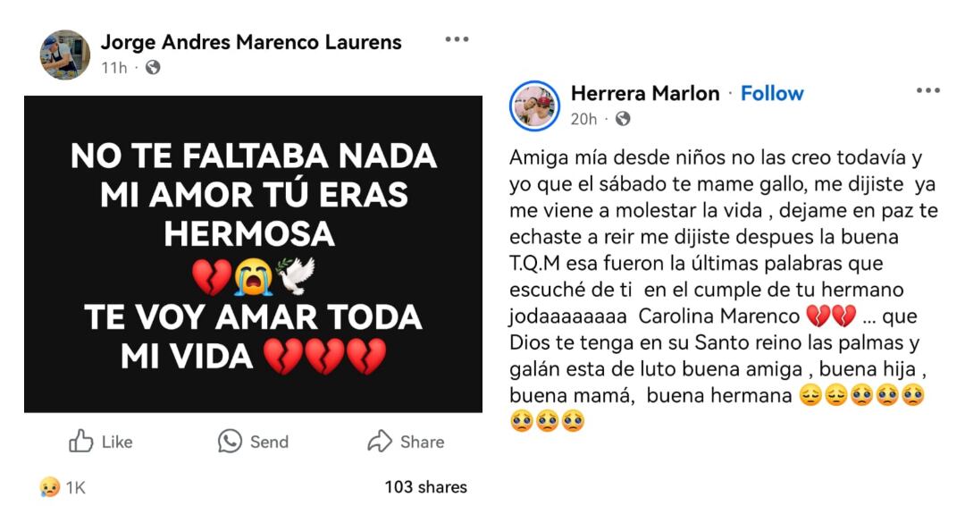 Familiares y amigos lamentaron la muerte de Carolina Marenco - crédito Marlon Herrera y Jorge Andrés Marenco Laurens/Facebook