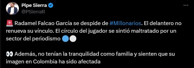 Al parecer, Falcao García y su familia no se sentían cómodos en Colombia por los comentarios en contra del jugador - crédito @PSierraR/X