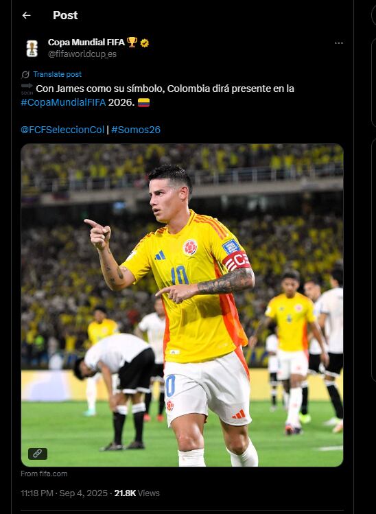 De la siguiente forma se destacó la presencia de James Rodríguez-crédito @fifaworldcup_es/X