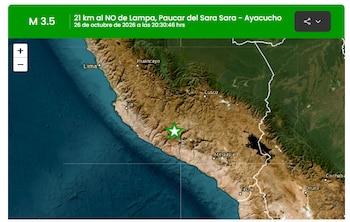 Mapa satelital del sur de Perú con una estrella verde sobre el territorio y una franja superior verde con texto sobre un sismo de magnitud 3,5