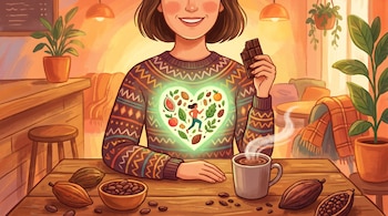 Ilustración de mujer sonriente con suéter, comiendo chocolate. Un corazón brillante en su pecho contiene elementos saludables. En la mesa: taza de chocolate caliente, vainas y granos de cacao.