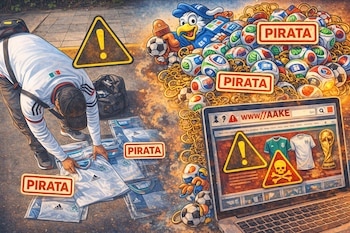 Ilustración de un vendedor de camisetas piratas en la calle y una laptop mostrando un sitio web falso con productos de fútbol y advertencias de "PIRATA".