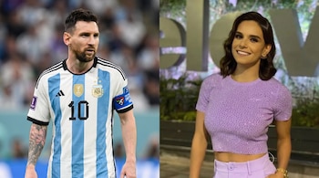 Imagen dividida por una línea. Izquierda: Lionel Messi con camiseta de la selección argentina número 10. Derecha: Tania Rincón con blusa y pantalón lila.