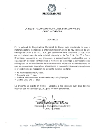La Registraduría difunde el acta oficial que certifica la recepción del material electoral en condiciones adecuadas en Chinú - crédito @Registraduria / X