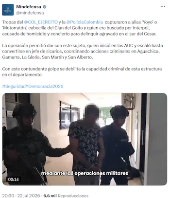 Ejército y Policía detuvieron a líder del Clan del Golfo en el sur de Cesar - crédito @mindefensa/X