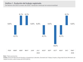 Gráfico de barras azules que muestra la variación porcentual mensual del trabajo registrado de febrero de 2025 a enero de 2026, con valores entre -0.2% y 0.1%