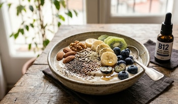 Un tazón de cereal con plátano, kiwi, arándanos, almendras, nueces y semillas diversas en una mesa de madera, junto a una pequeña botella de B12