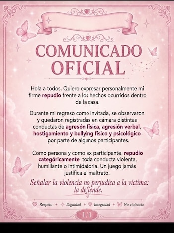 Un comunicado en un fondo rosado decorado con mariposas que lleva el título Comunicado Oficial y un texto que condena la violencia