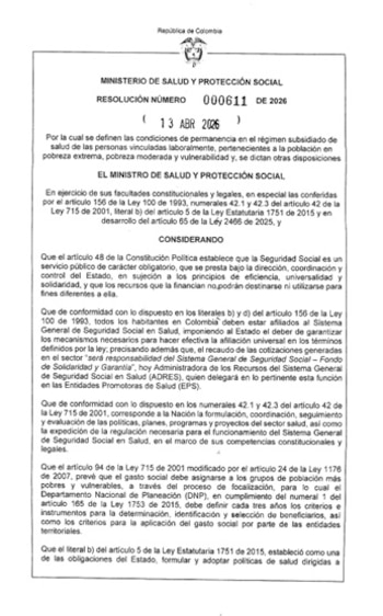 La Resolución 000611, emitida en abril de 2026 por el Ministerio de Salud y Protección Social, actualiza los criterios que determinan la permanencia en el régimen subsidiado de salud para personas en situación de vulnerabilidad con empleo formal - crédito Ministerio de Salud