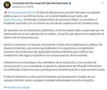 Comunicado del Ejército: Explosión de una caldera en el complejo militar del Cantón Norte en Bogotá provocó una emergencia - crédito @ejercito_COPER/X