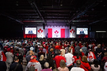 Prime Minister Mark Carney of Canada speaks at a pro-Canada rally in Calgary, Alberta, Canada, Oct. 15, 2026. Residents of Alberta on Monday rejected a referendum that would have seen the provincial government hold a second vote on secession; in preliminary counts, only a quarter of voters wanted to hold the second referendum. (Ian Austen/The New York Times)