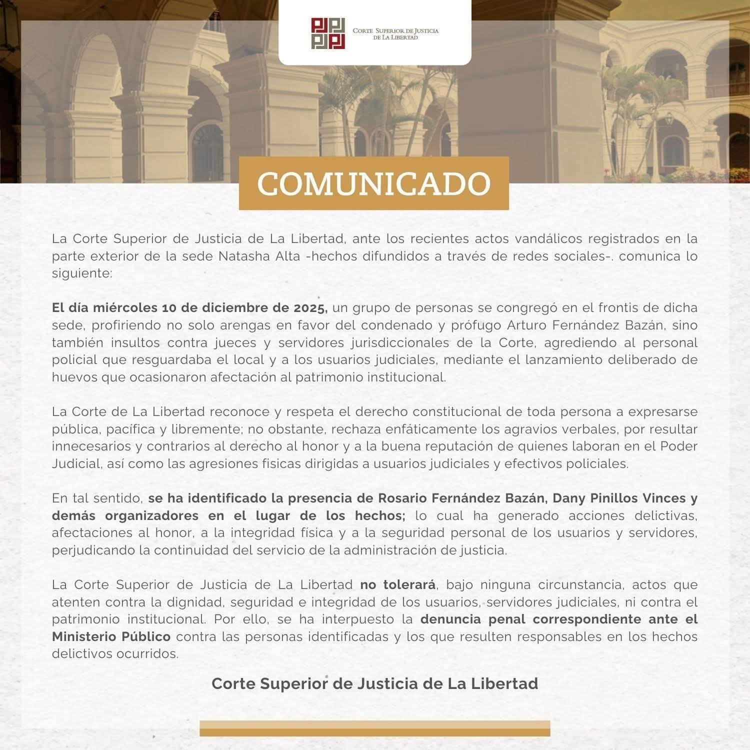 Comunicado de la Corte Superior de Justicia de La Libertad.