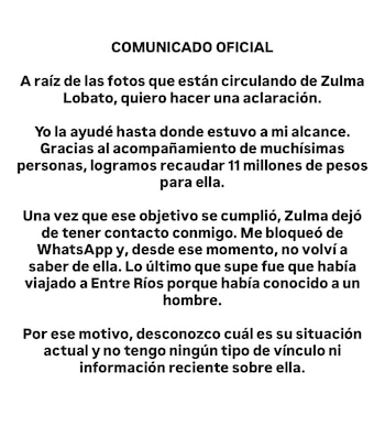 El comunicado de La Cuerpo tras la aparición de Zulma Lobato en situación de calle
