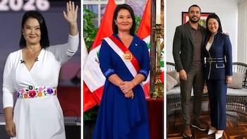 Tres fotografías de Keiko Fujimori: saludando con cinturón bordado, vestida de azul con banda presidencial, y con traje junto a un hombre en un interior