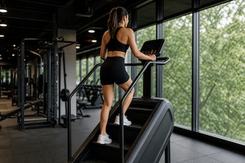 Mujer de espaldas con ropa deportiva negra utilizando una máquina escaladora junto a un ventanal en un gimnasio.