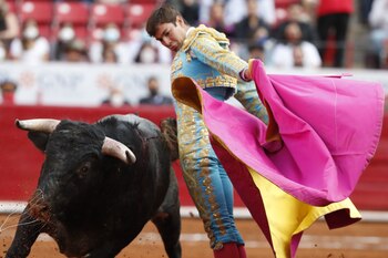 Fotografía que muestra al torero mexicano José Miguel Arellano lidiando a su primer toro "Siempre en la mente" de 469 kg, durante la tercera novillada de la temporada grande La Reapertura el 5 de diciembre del 2021, en la Plaza de Toros México en Ciudad de México (México). EFE/ Mario Guzmán