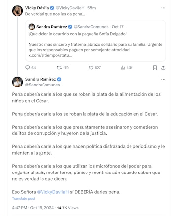 La senadora Sandra Ramírez se despachó contra Vicky Dávila por presuntamente utilizar el periodismo para hacer política - crédito @SandraComunes/X