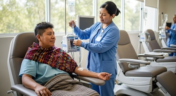 Un paciente está sentado en un sillón reclinable mientras una enfermera ajusta el equipo de infusión intravenosa en su brazo. Hay más sillones y equipo médico.