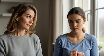 Primer plano de una madre rubia y su hija joven morena, ambas mirando en direcciones opuestas con expresiones serias, sentadas frente a una ventana luminosa.
