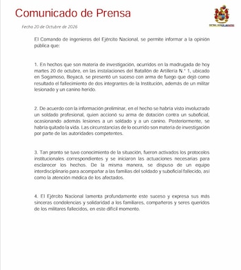 El comunicado oficial por parte del Ejército, a través del Comando de Ingenieros, se emitió la mañana del martes 20 de octubre de 2026 - crédito Ejército