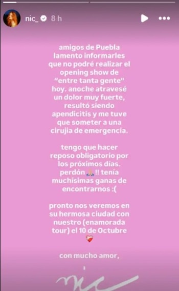 Captura de pantalla de una historia de Instagram con texto blanco sobre un fondo rosa, mostrando un mensaje de la cuenta "nic_" informando sobre una operación