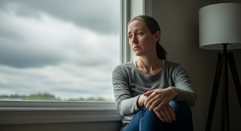 Mujer sentada junto a una ventana con un cielo nublado, cruza sus manos y su mirada se dirige hacia el exterior. Hay una lámpara de pie a la derecha.