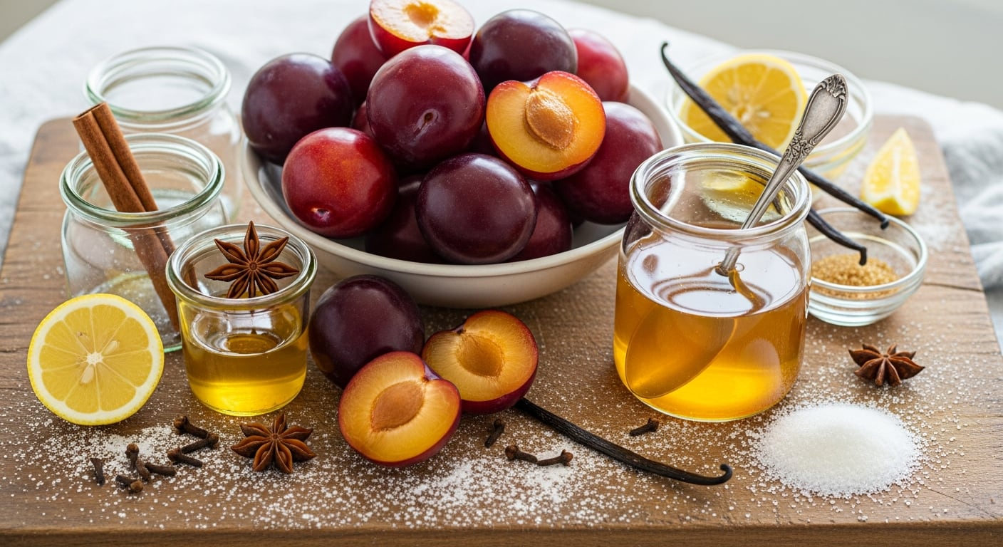 Frascos esterilizados repletos de ciruelas en almíbar recién hechas, con el almíbar claro y brillante cubriendo la fruta, ideales para guardar en la heladera o regalar en ocasiones especiales - (Imagen Ilustrativa Infobae)