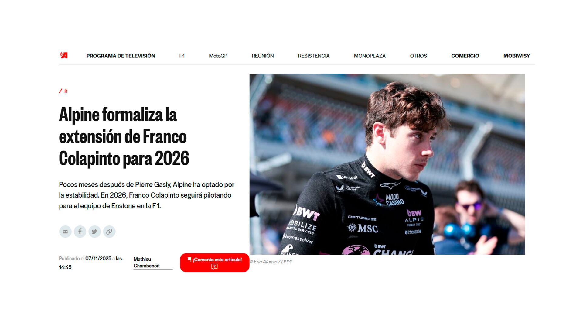 AUTOhedbo, medio francés, destacó la labor de Colapinto en Alpine