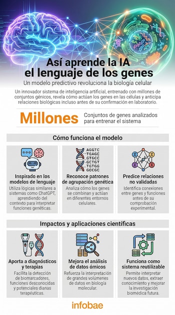 Infografía visualiza un cerebro digital conectado a una célula con ADN, explicando cómo la IA interpreta genes para mejorar diagnósticos y terapias.