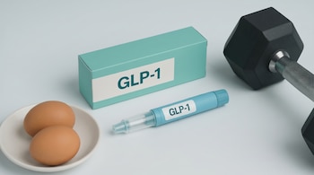 Se muestra una caja y un inyector tipo pluma de GLP-1 en color turquesa junto a dos huevos marrones en un cuenco blanco y una mancuerna negra.