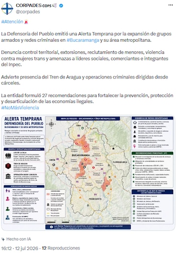Bucaramanga bajo riesgo: informe oficial advirtió aumento de control territorial por grupos armados - crédito @corpades/X