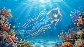 Una medusa transparente con largos tentáculos flotando en aguas azules claras. Rodeada de corales coloridos y peces pequeños con rayos de sol penetrando el agua.