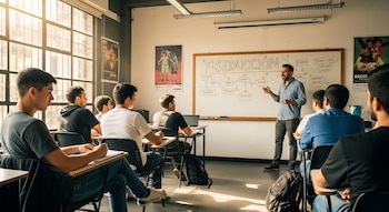 Un instructor parado frente a una pizarra blanca explica conceptos a un grupo de jóvenes sentados en pupitres, tomando apuntes en un aula con luz natural.