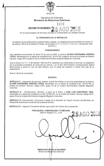 Decreto 1298 del 25 de agosto de 2026, mediante el cual se oficializó el cambio en la dirección de Migración Colombia. - crédito Presidencia