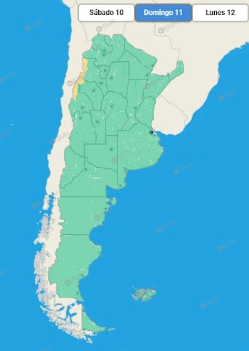 Mapa de Argentina mayoritariamente verde con una zona en amarillo sobre la cordillera de los Andes y tres pestañas de días en la parte superior