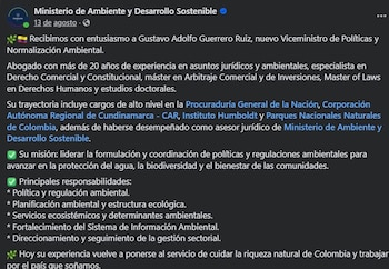 El 13 de agosto de 2026 se anunció a Guerrero como "especialista en Derecho Comercial y Constitucional" en la cuenta de Facebook del Ministerio de Ambiente - crédito Ministerio de Ambiente y Desarrollo Sostenible