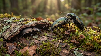 Cuatro escarabajos Carabus blaptoides sobre corteza de árbol, musgo y líquenes. Pequeños hongos y hojas secas se ven. Fondo de bosque con luz solar.