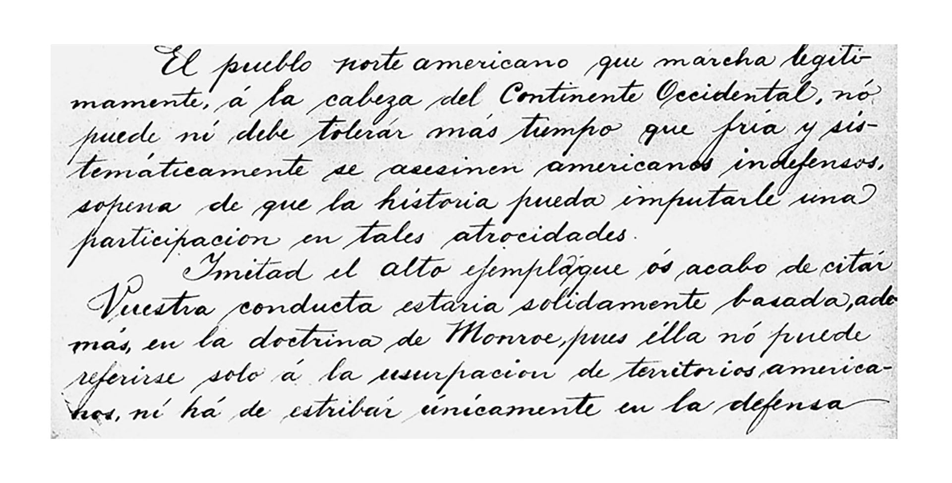 Fragmento de la carta original de Máximo Gómez al presidente James McKinley de marzo 1897. Publicado el original por primera vez