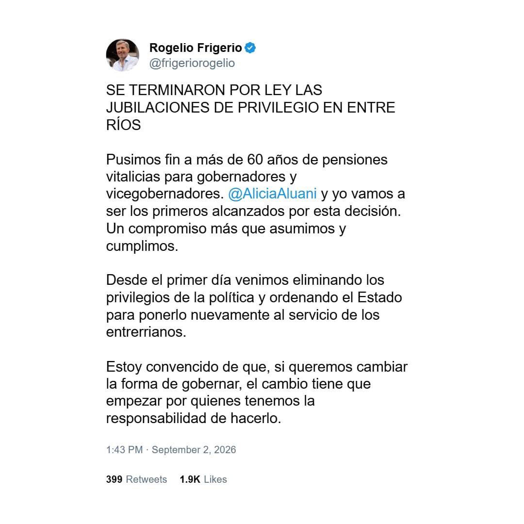 El tweet de Frigerio comunicando la derogación de las jubilaciones de privilegio