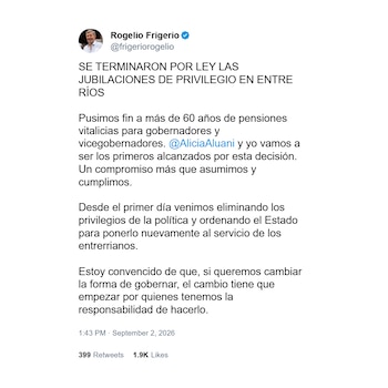 El tweet de Frigerio comunicando la derogación de las jubilaciones de privilegio
