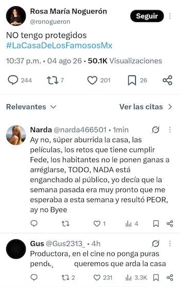 Captura de pantalla de una publicación en red social de Rosa María Noguerón y dos comentarios de usuarios sobre La Casa de los Famosos México