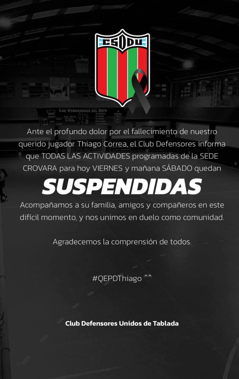 El club suspendió todas las actividades por la muerte del chico