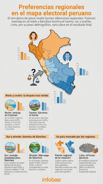 Infografía electoral peruana. Mapa de Perú dividido por preferencias de voto para Fujimori (naranja) y Sánchez (azul), con gráficos de barras y perfiles de candidatos.