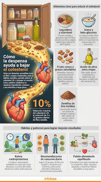 Infografía muestra una despensa abierta con alimentos como legumbres, avena, frutos secos y aceite de oliva, junto a ilustraciones de corazones y gráficos sobre el colesterol.